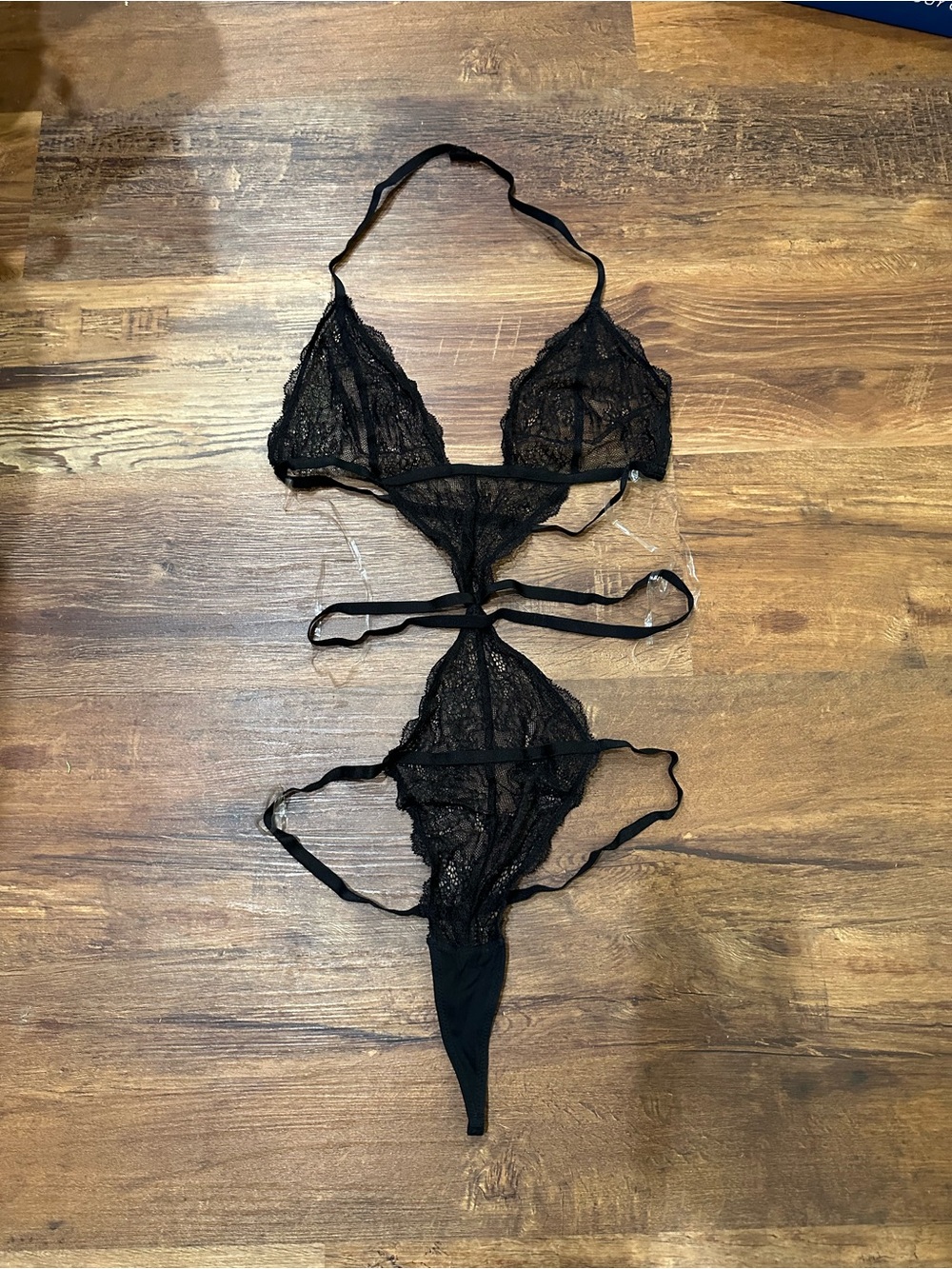 Victoria's Secret Black Lace Strappy Bodysuit